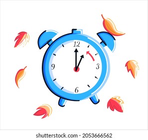 Daylight saving time fall back concept. Cartoon clock  with red autumn leaves. Vector flat illustration