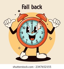 Daylight saving time, fall back illustration. Groovy watch, clock. Vector illustration.