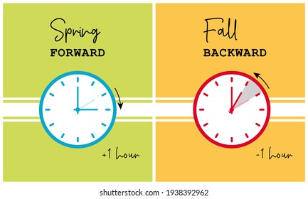 Daylight saving time. Fall backward and spring forward alarm clocks set. Colorful vector illustration.