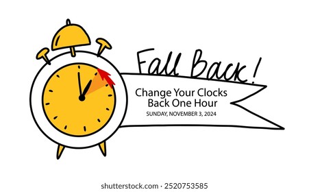 Daylight Saving Time, Fall Backward schedule with text and date Sunday, November 3. Change Clock One Hour Back reminder for Fall Back Time, vector illustration in funny doodle style