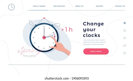 Daylight saving time homepage template. Human hand is turning the clock hands forward by an hour. Turning to summer time, spring clock changes concept for web design. Flat style, vector illustration