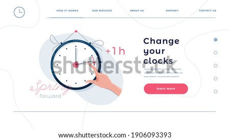 Daylight saving time homepage template. Human hand is turning the clock hands forward by an hour. Turning to summer time, spring clock changes concept for web design. Flat style, vector illustration