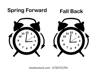 Conjunto de iconos de horario de verano aislados sobre fondo blanco. Primavera hacia adelante y caída hacia atrás Tiempo. Símbolo de la luz del día con los relojes de alarma. Cambie al concepto de tiempo de verano e invierno. Conjunto de relojes con retroceso de texto, primavera hacia adelante. СCambie el reloj a una hora hacia adelante o una hora hacia atrás. Ilustración vectorial de stock