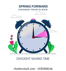 Daylight Saving Time Illustration, Spring Forward On 14 March, Change Your Time, With Clock Or Alarm Object, The Clocks Moves Forward One Hour, DST Begins In USA For Banner, Web, Emailing. Flat Design