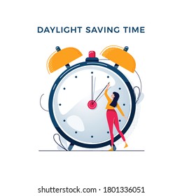 Daylight saving time illustration. Young woman turns the hand of the clock. Turning to winter or summer time, alarm clock vector design. Character in modern flat art style for your tiny people concept