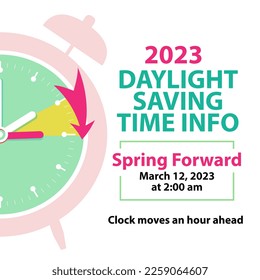 Daylight Saving Time Info Banner. Spring Forward concept with clock and moves arrow an hour ahead with date 12 march, 2023. Vector illustration concept - Shutterstock ID 2259064607
