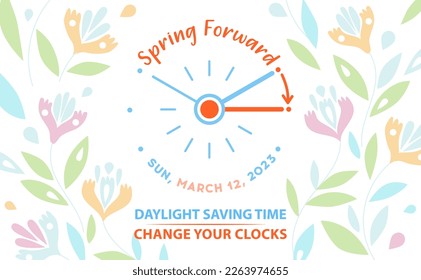 Tageslicht sparen Zeit Info Banner. Spring Forward Konzept mit Uhr und bewegt Pfeil eine Stunde nach vorn mit Datum 12. März 2023. Vektorgrafik-Konzept