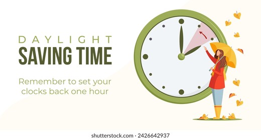 Daylight saving time nd web banner, turning clock back one hour reminder. Fall back to wintertime. Vector illustration of woman turning clock hand backward an hour.