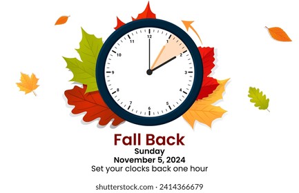 Daylight Saving Time is Over. The clock turns back one hour on November 5, 2024. Fall back concept banner. Vector illustration