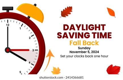 Daylight Saving Time is Over. The clock turns back one hour on November 5, 2024. Fall back concept banner. Vector illustration