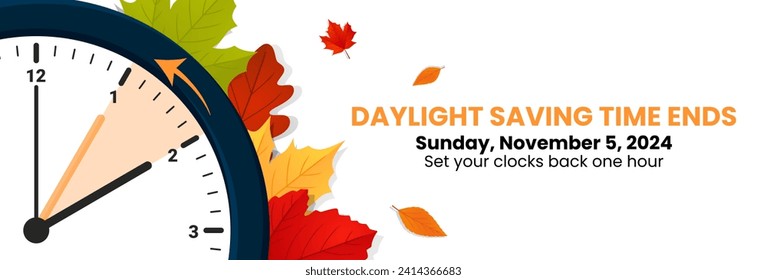 Daylight Saving Time is Over. The clock turns back one hour on November 5, 2024. Fall back concept banner. Vector illustration