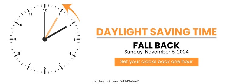 Daylight Saving Time is Over. The clock turns back one hour on November 5, 2024. Fall back concept banner. Vector illustration