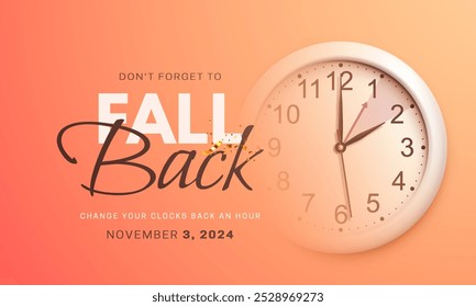 Daylight saving time is over. Fall back concept banner with realistic wall clock and golden confetti on bright peach background. The clock turns back one hour on November 3, 2024. Vector illustration