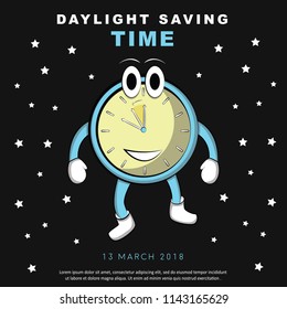 Daylight Saving Time poster with cartoon clock on black background. Vector design