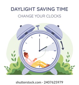 Daylight saving time poster. Girl change hands of the clock forward an hour during the dst period. Spring forward concept.