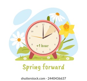 Daylight saving time poster. Red big clock near flowers. Spring season forward. Template and layout. Poster or banner for website. Cartoon flat vector illustration isolated on white background