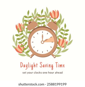 Daylight Saving Time poster template with flowers. Flat style spring forward concept. Minimalist card with alarm-clock and leaves. Clocks go forward one hour. Summertime web.