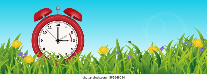 Daylight Saving Time Reminder, Cute little red Clock in Spring Summer Grass Scene, from two to three o'clock