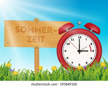 Daylight Saving Time Reminder, Cute little red Clock in Spring Summer Grass Scene, from two to three o'clock Sommerzeit (German for DaylightSavingTime)