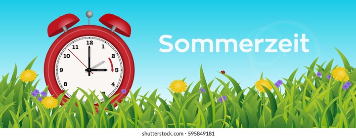 Daylight Saving Time Reminder, Cute little red Clock in Spring Summer Grass Scene, from two to three o'clock Sommerzeit (German for DaylightSavingTime)