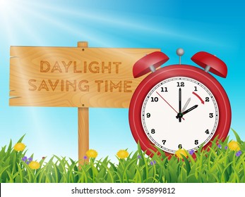 Daylight Saving Time Reminder, Cute little red Clock in Spring Summer Grass Scene, from two to three o'clock