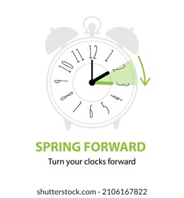 Daylight saving time. Spring forward concept with vintage alarm clock and schedule to set the clocks forward one hour in the spring. Vector illustration isolated on white