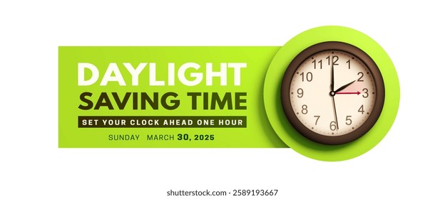 Daylight saving time. Spring Forward banner with realistic black 3d wall clock on green background. Set your clock ahead one hour. Clock Dial with hands. Vector illustration