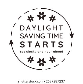 Daylight Saving Time starts minimalist black banner template with geometric simple flowers. Text set clocks one hour ahead. Flat style illustration for spring forward concept poster post social media.