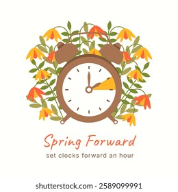 Daylight Saving Time starts poster template. Set Clocks ahead one hour. Spring forward concept flat design with flowers and alarm-clock. Summertime poster cover web