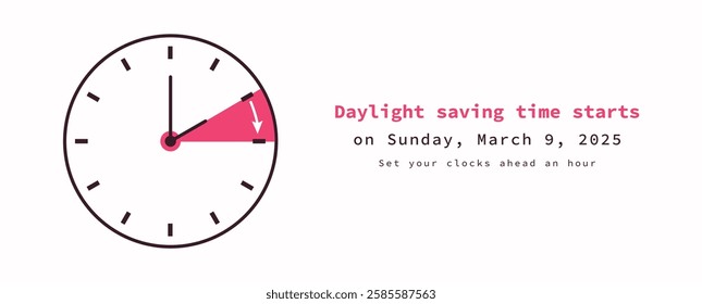 Daylight Saving Time starts. Spring Forward March 9, 2025. Web Banner Reminder. Vector illustration with clocks turning to an hour ahead. Minimalist flat style summertime