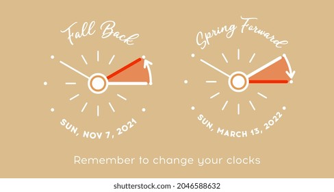 Daylight Saving Time for USA and Canada. Vector Set of minimalist retro clocks fall back time and spring forward. Clocks turning to summer and winter time with dates of 7 november 2021, 13 march 2022
