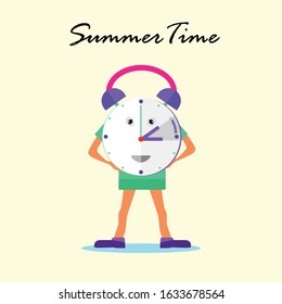 Daylight Saving Time vector concept with human clock figure standing and smiling, isolated in cream background and Summer Time text