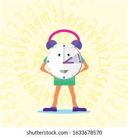 Daylight Saving Time vector concept with human clock figure standing and smiling, isolated in yellow background full of numbers