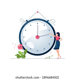 Daylight saving time vector illustration. Woman turns the hand of the clock forward by an hour. Floral decoration with pink flowers. Turning to summer time, spring clock changes concept. Flat style