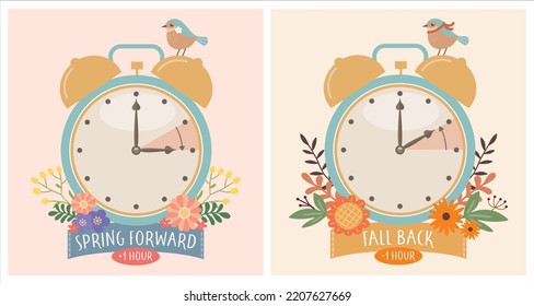 Daylight Saving Time vector illustration. Set of clocks, text fall back, spring forward. The hand of the clocks turning to winter or summer time. DST in Northern Hemisphere, modern flat pretty design