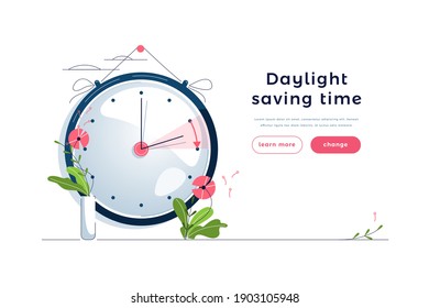 Daylight Saving Time web template. The clocks moves forward one hour to daylight-saving time. Floral decoration, pink flowers. Spring clock changes concept for landing page. Flat vector illustration