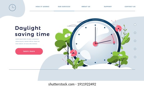 Daylight Saving Time web template. The clocks moves forward one hour. Floral landscape with text Spring Forward, the hand of the clocks turning to summer time, for homepage. Flat vector illustration