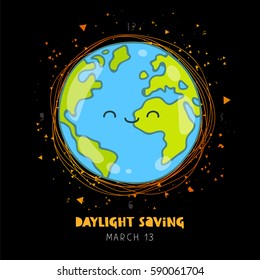 Daylight saving. Vector illustration of planet Earth on a black background. Lettering. Ecology concept.