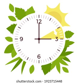 Daylight savings time, DST clock shift design. Setting the clocks an hour ahead of the standard time. Vector flat style cartoon illustration on white background, sun and spring greenery decoration