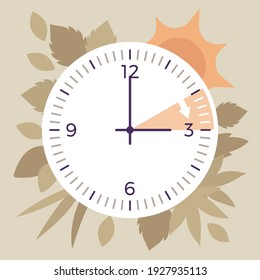 Daylight Savings Time, DST Clock Shift Design. Setting The Clocks An Hour Ahead Of The Standard Time. Vector Creative Stylized Illustration, Sun And Spring Decoration