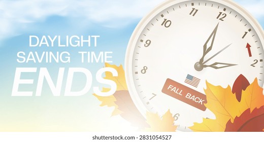 Daylight Savings Time Ends. Clock, leaf, cloud and light. Great for posters, banners and social media. Blue background.