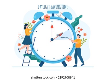 Daylight Savings Time Hand Drawn Flat Cartoon Illustration with Alarm Clock or Calendar from Summer to Spring Forward Design
