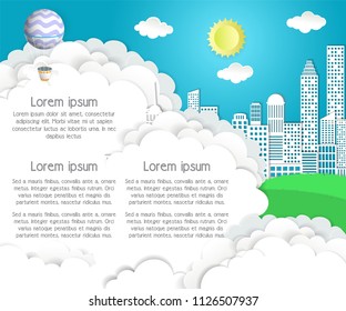 Daylight sky with sun, white clouds, flying hot air balloons, cityscape and copy space. Vector illustration in paper art style. Cityscape background, poster, flyer, banner template.