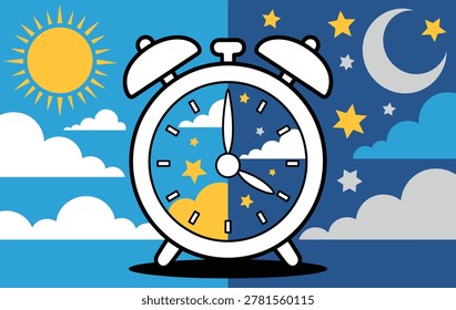 Daylight versus nighttime comparison visual. clock centered in sky transition. half sun and half moon theme. time of day concept for productivity art.