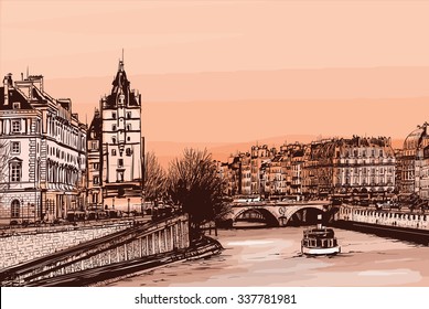 Daylight view of the ile de la Cite from "le pont neuf" - Vector illustration