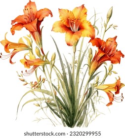 Ilustración de Daylilies Watercolor. Diseño de elementos submarinos dibujados a mano. Elemento de diseño marino vectorial artístico. Ilustración para tarjetas de felicitación, impresión y otros proyectos de diseño.