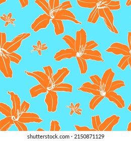 Patrón diurno y fluido. Flores naranjas dibujadas a mano sobre fondo azul claro. Ilustración vectorial.