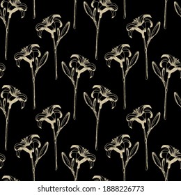 Daylily vector seamless pattern. Hand drawn gold flowers of day lily on black background. Design for wedding decor, wallpapers, curtains, textile, wrapping paper.