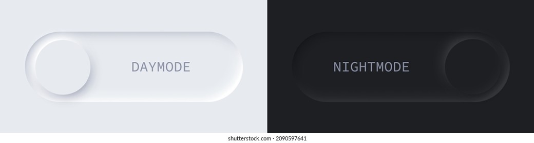 Daymode and nightmode slide neumorphic buttons set vector illustration. Light day and dark night sliders combination with moon and sun symbols for website navigation, soft UI elements with time panel