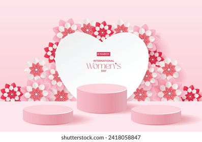 Women’s DayPink Pastel Podium with Flowers for a Stylish Product Showcase. 3D vector elegance 